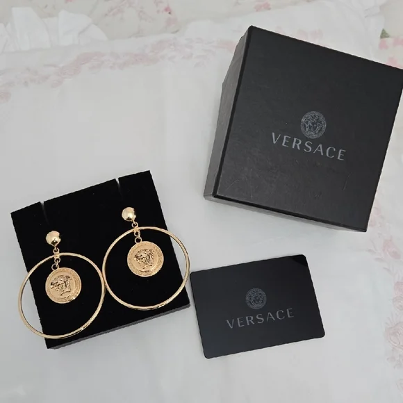 VERSACE Gold Hoop Earrings with Medallion - Picture 3 of 5